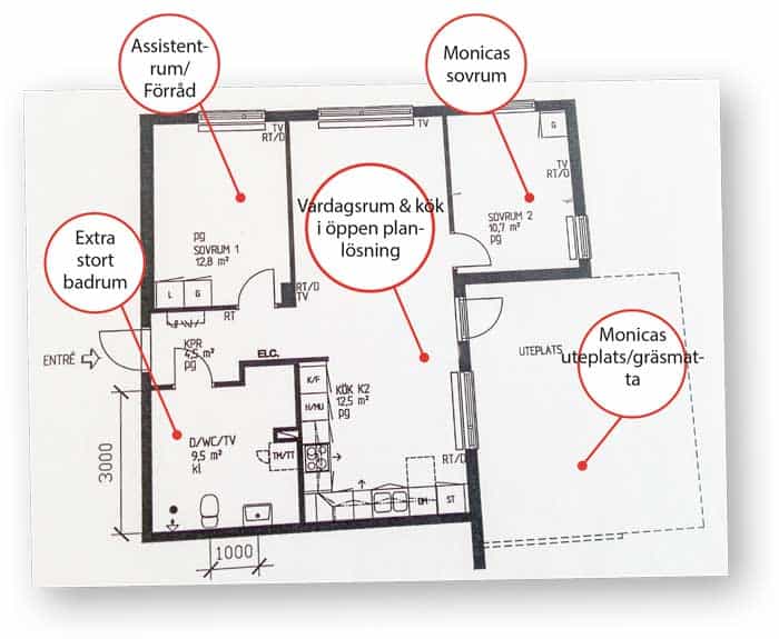 Planlösning för Monicas lägenhet. 
