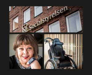 Socialstyrelsens fasad, Åsa Strahlemo och rullstol från Etac (collage)