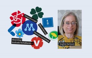 Partiernas logotyper och Sophie Karlsson