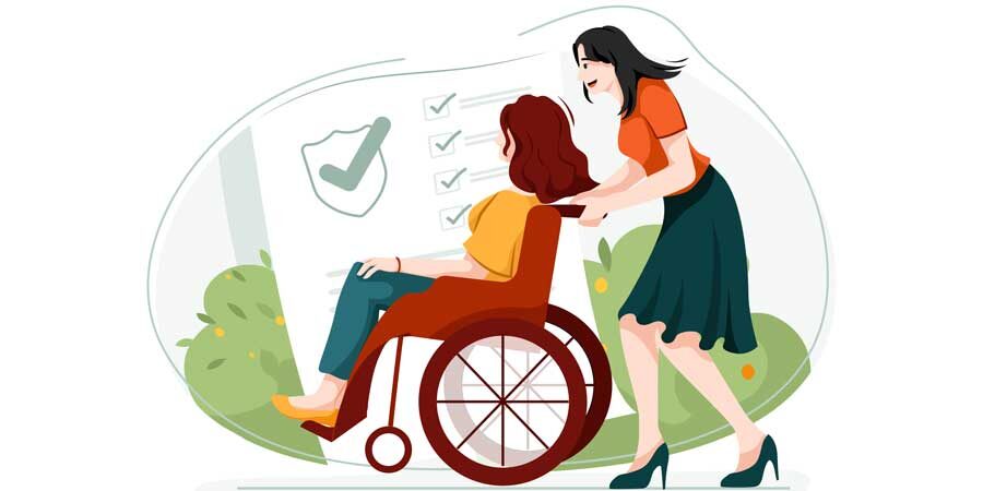 Kvinna i rullstol med assistent (Illustration från Envato)