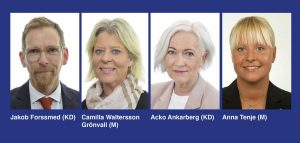 Jakob Forssmed, Camilla Waltersson Grönwall, Acko Anckarberg och Anna Tenje. Foton: Riksdagen.
