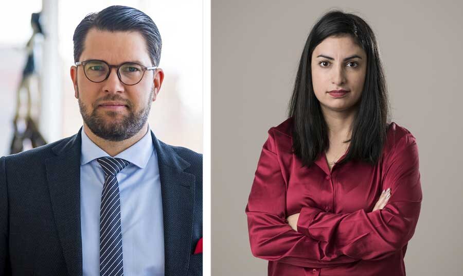 Vem är bäst på att stärka sjukförsäkringen? Jimmie Åkesson och Nooshi Dadgostar debatterade i riksdagen den 18 januari. (Pressbilder från SD och V.)