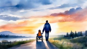 Ett barn i rullstol på promenad med sin pappa, på väg mot en solnedgång i horisonten.