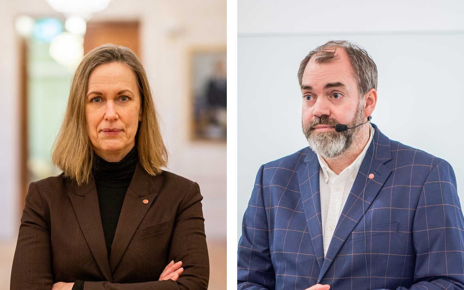 Karin Sundin och Fredrik Lundh Sammeli, ledamot respektive vice ordförande i riksdagens socialutskott. Foton: Linnea Bengtsson.
