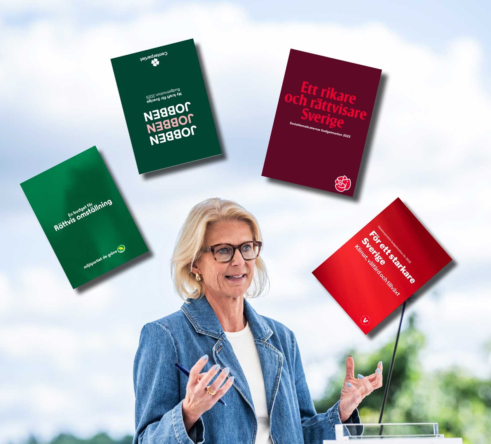 Elisabeth Svantesson och skuggbudgetar. Collage. Foto: Linnea Bengtsson.