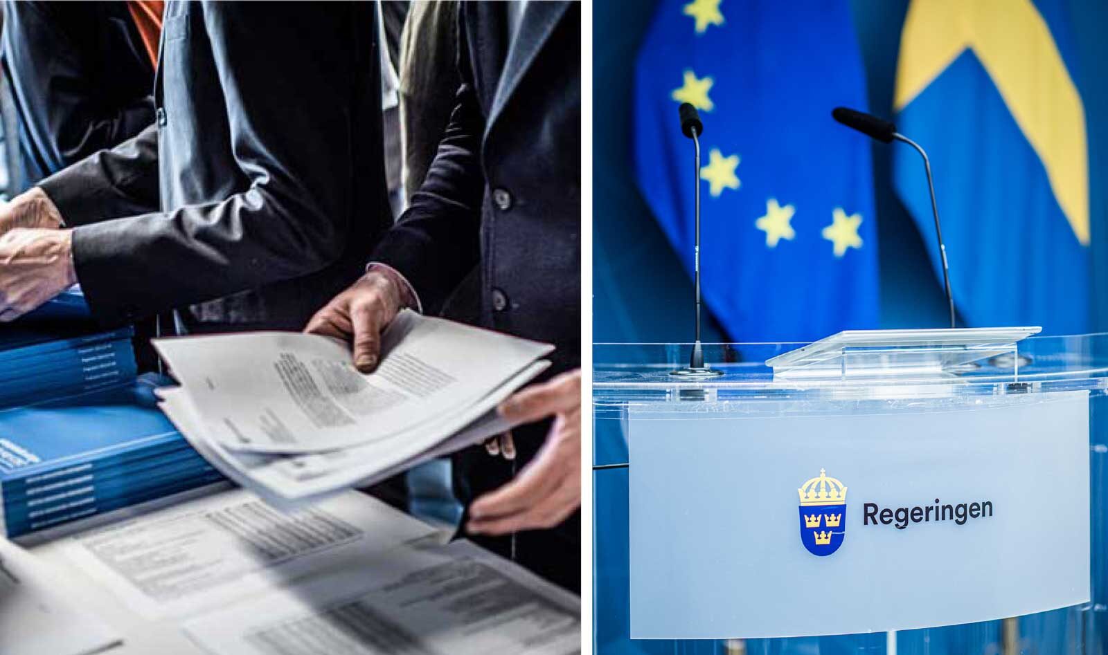 Collage från presskonferens med regeringen.