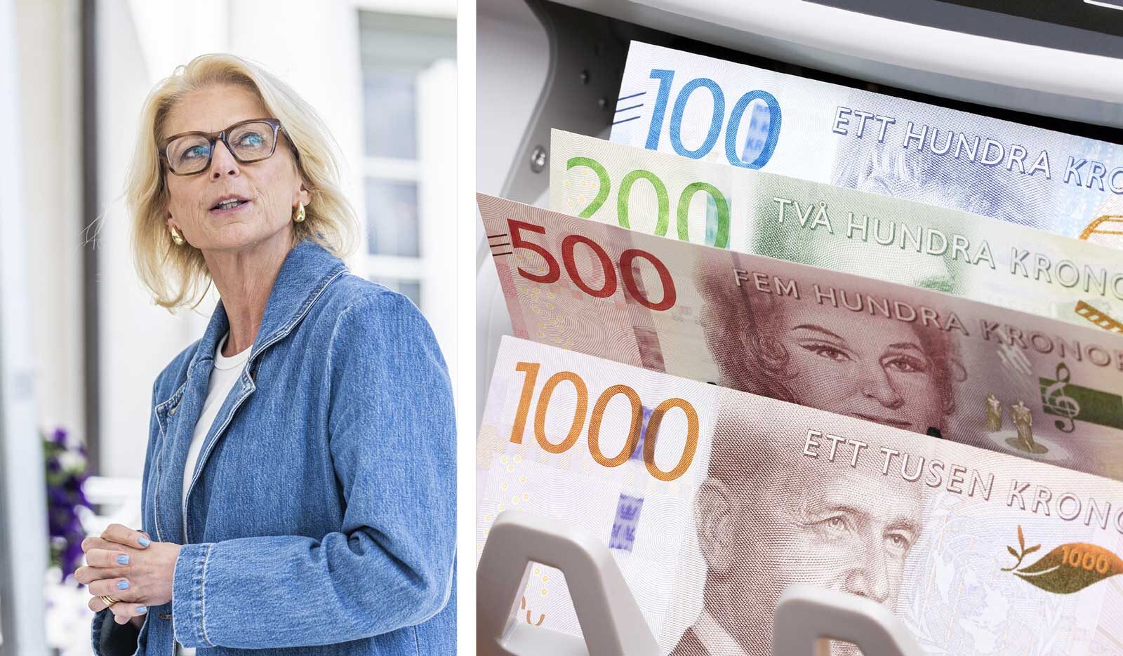 Elisabeth Svantesson (Foto: Linnea Bengtsson). Svenska sedlar (Foto: Envato). Collage.