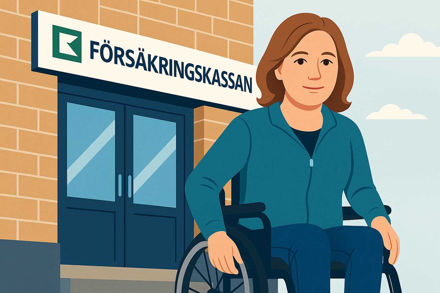 Grafik med kvinna framför byggnad med skylt Försäkringskassan