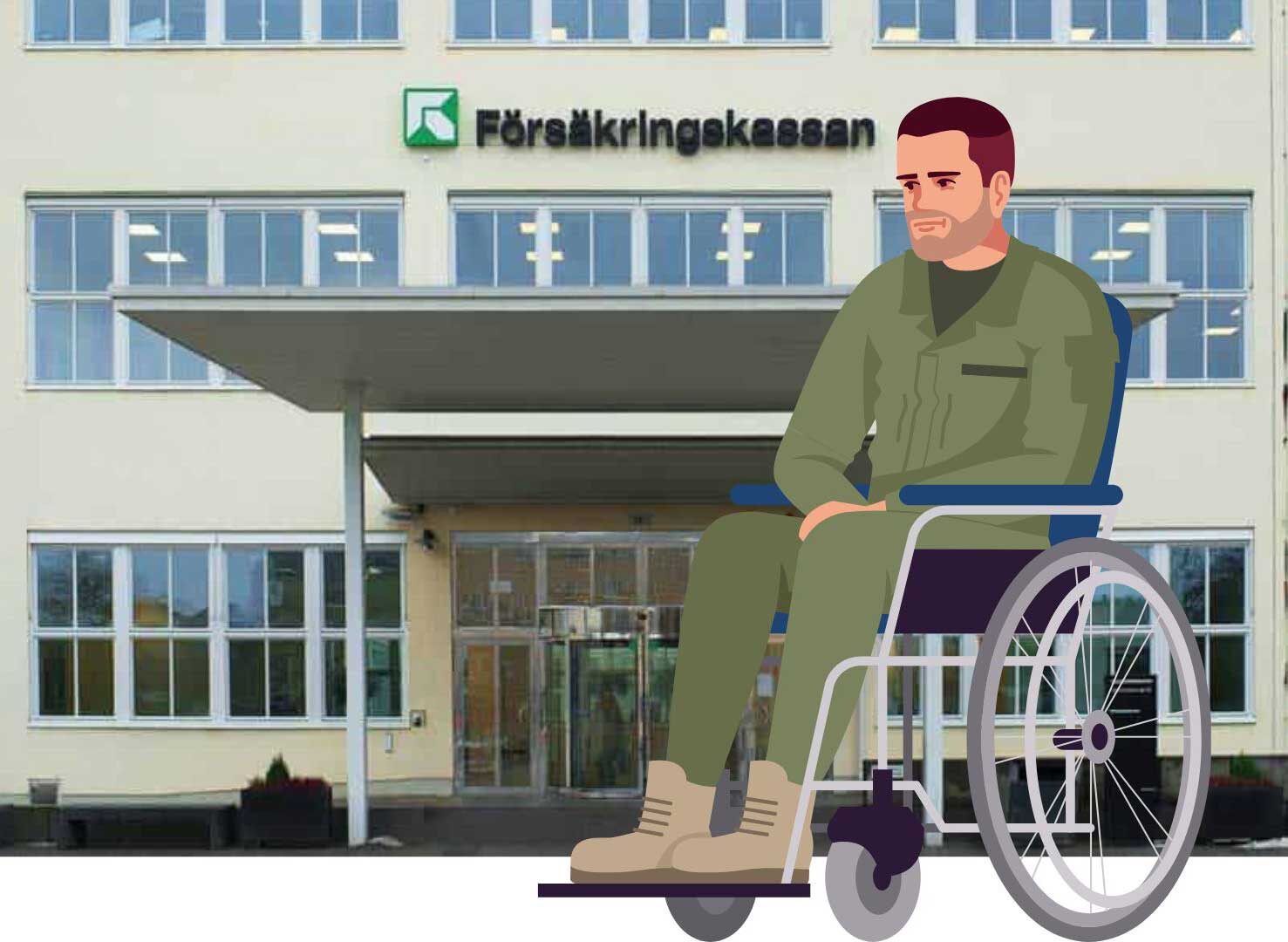 Collage med ung man i rullstol framför Försäkringskassan