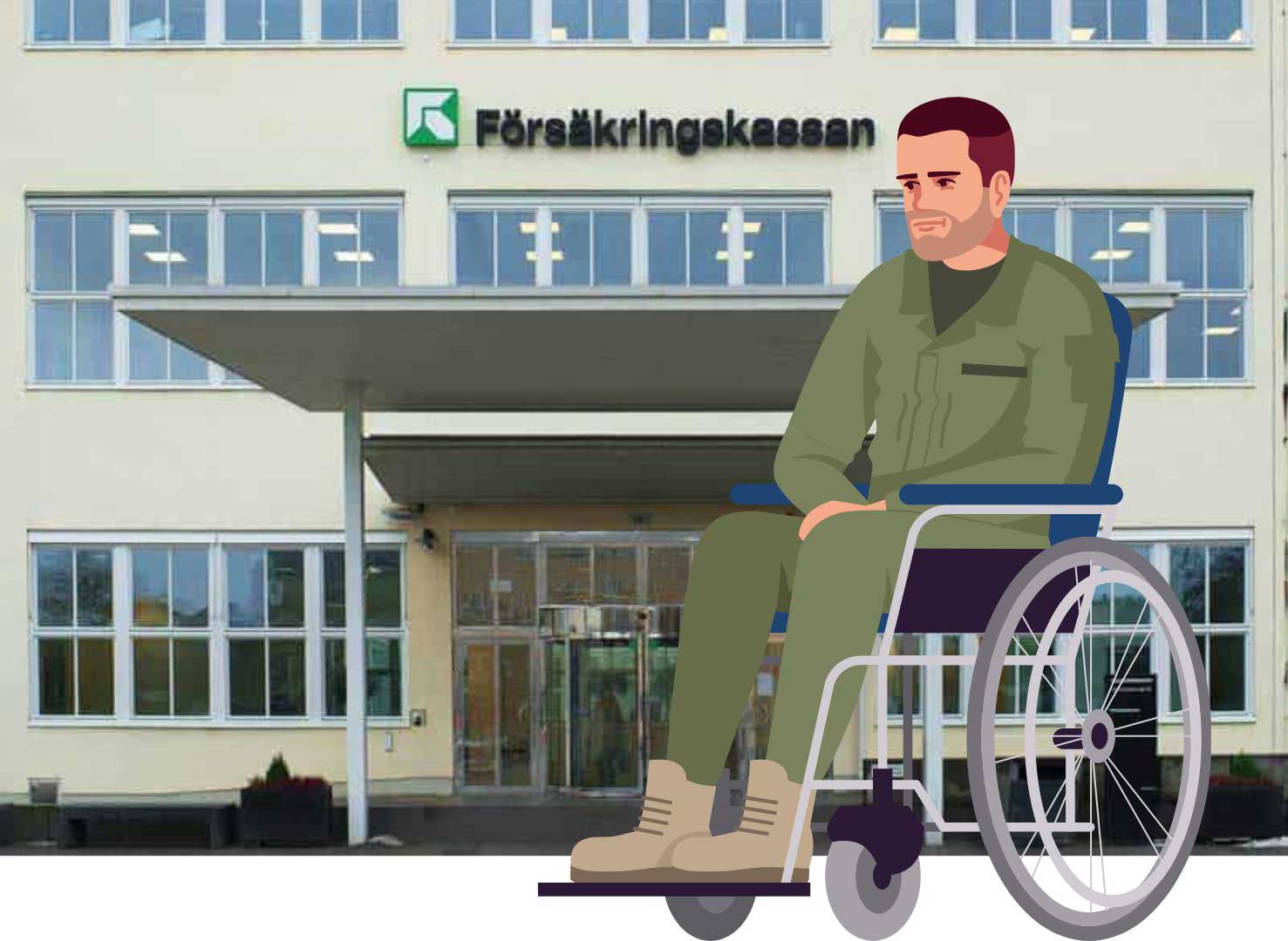 Collage med ung man i rullstol framför Försäkringskassan