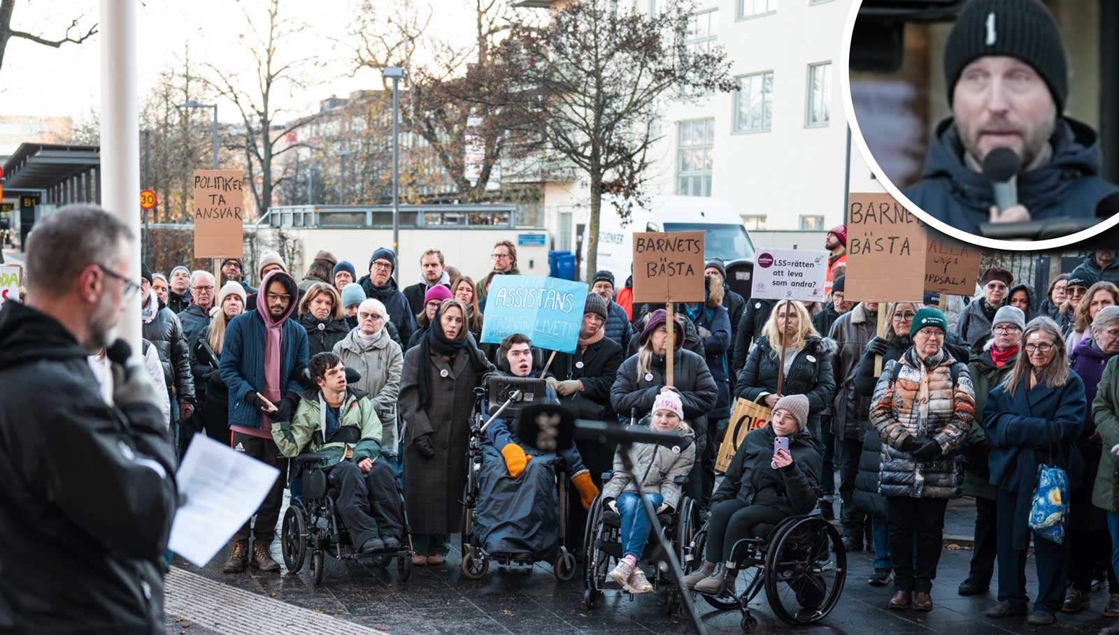 Manifestation för LSS i Uppsala 17 november 2025, med Johan Klinthammar och Erik Pelling.