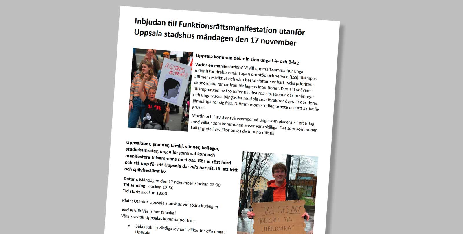 Inbjudan till manifestation i Uppsala den 17 november 2025.