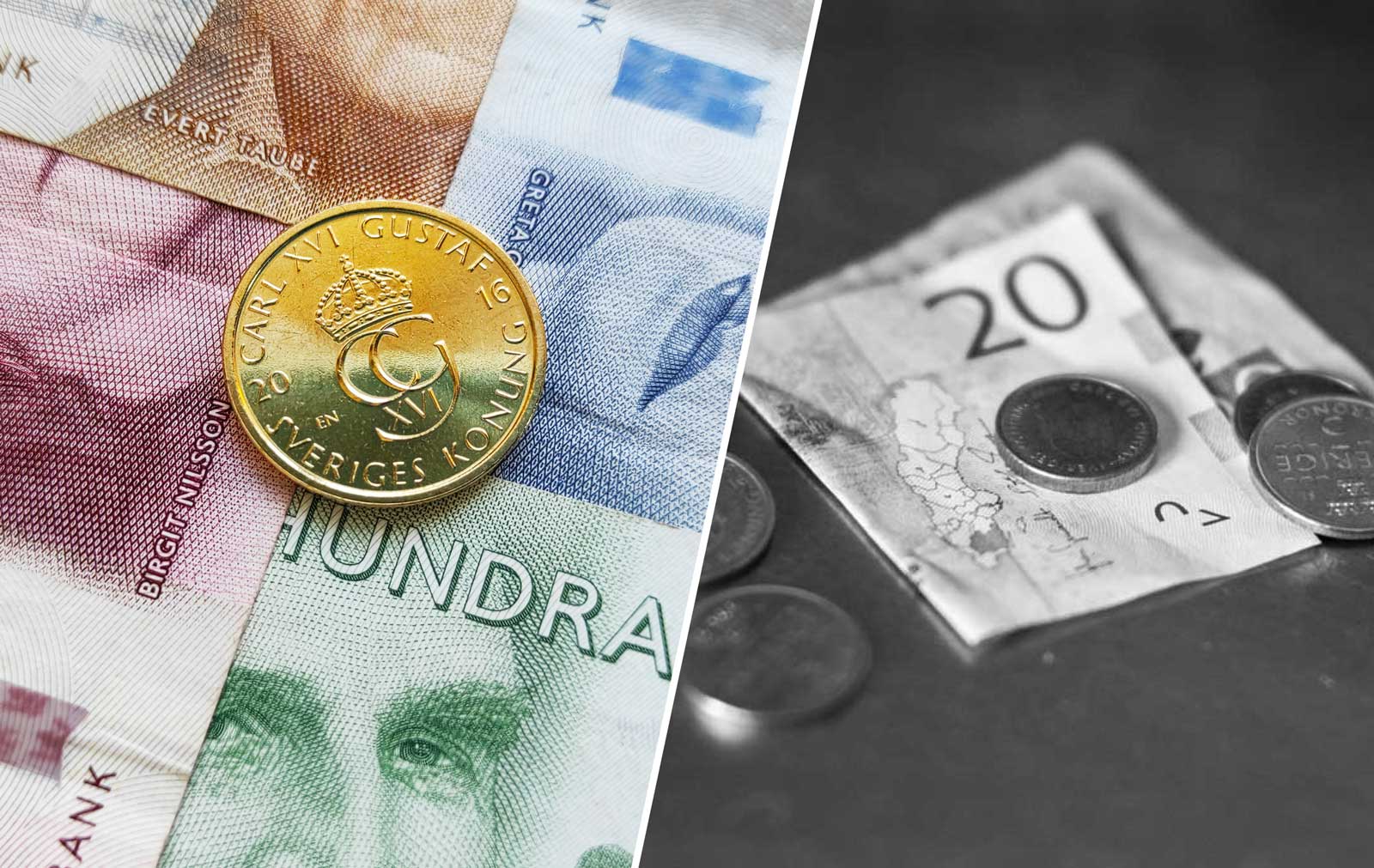 Collage av två bilder med pengar.