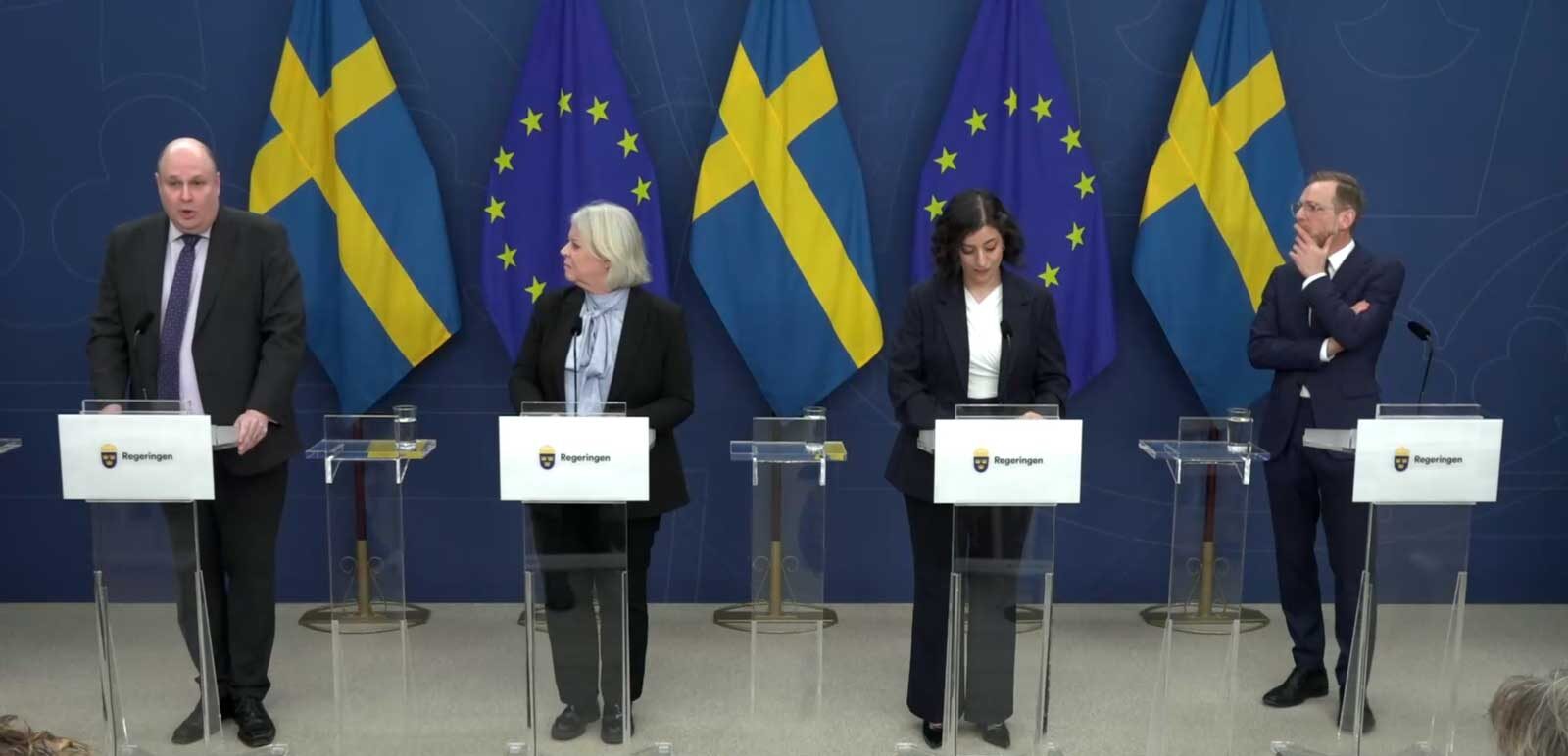 Presskonferens med Tidöpartierna 28 januari 2026. Bild från regeringens webbsändning.