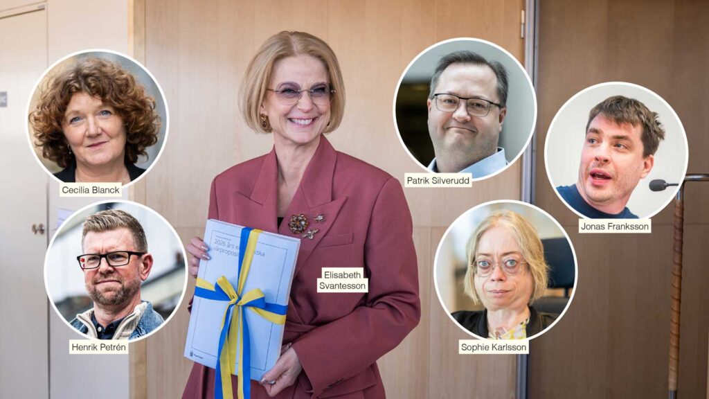 Elisabeth Svantesson (Foto: Linnea Bengtsson/Sveriges riksdag) omgiven av Cecilia Blanck, Henrik Petrén, Patrik Silverudd, Sophie Karlsson och Jonas Franksson. Samtliga foton: Linnea Bengtsson.