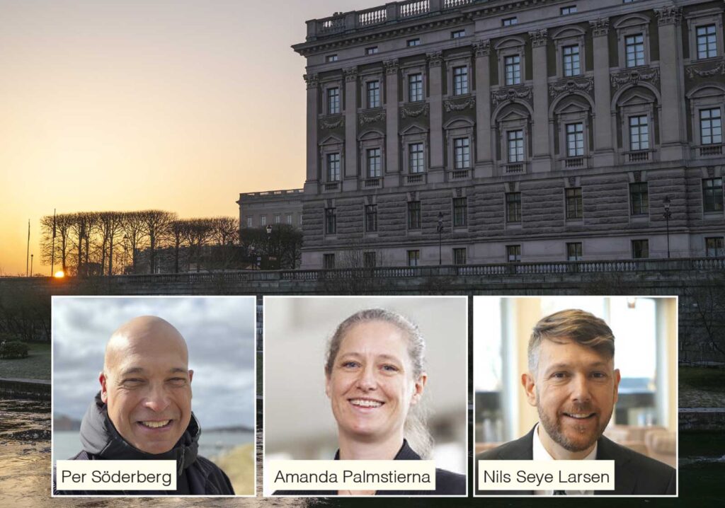 Amanda Palmstierna, Per Söderberg och Nils Seye Larsen samt riksdagen.