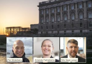Amanda Palmstierna, Per Söderberg och Nils Seye Larsen samt riksdagen.