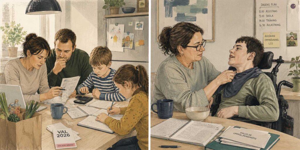 Vanlig familj och funkisfamilj. Collage.