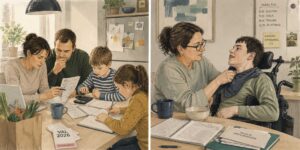 Vanlig familj och funkisfamilj. Collage.