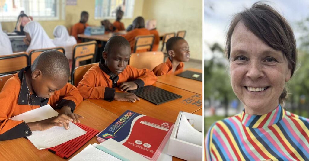 Mariann Eriksson, generalsekreterare för MyRight. Skolilden är från en inkluderande utbildning i Tanzania. Skolan drivs av MyRights partnerorganisation Zanab via Synskadades Riksförbund.