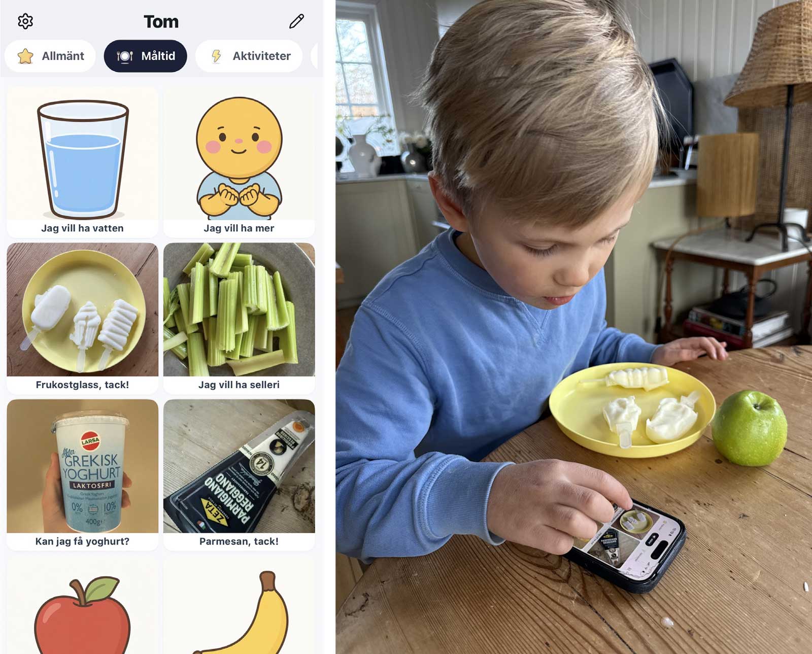 Bild på appen Tala och pojke som använder den.