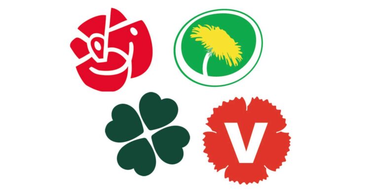 Logotyper för S, MP, C och V.