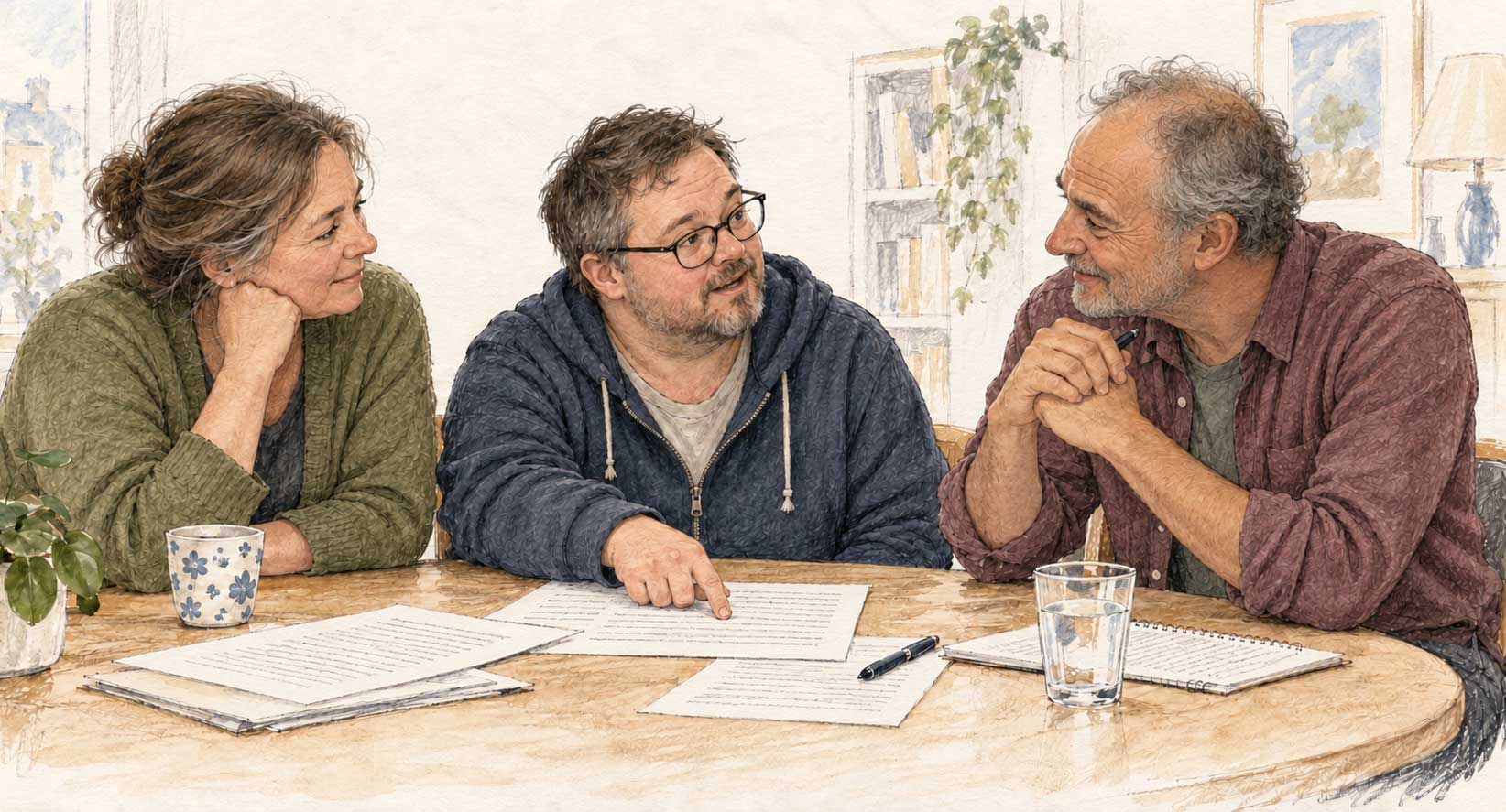Föräldrar och vuxet barn samtalar.