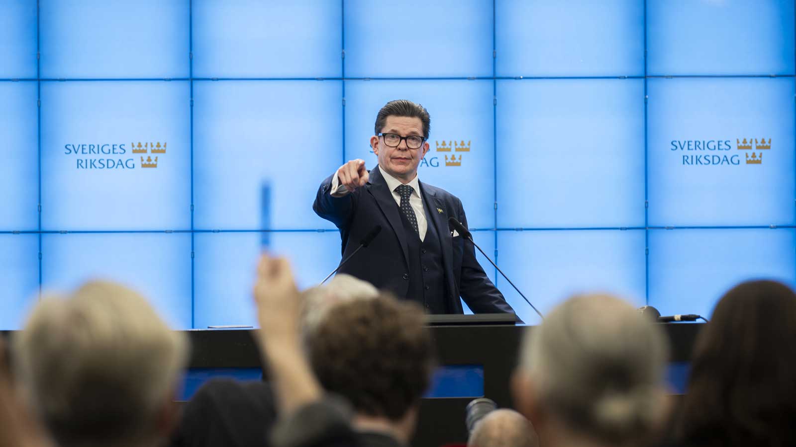 Talman Andreas Norlén på pressträff oktober 2026. Foto: Linnea Bengtsson, Sveriges riksdag.